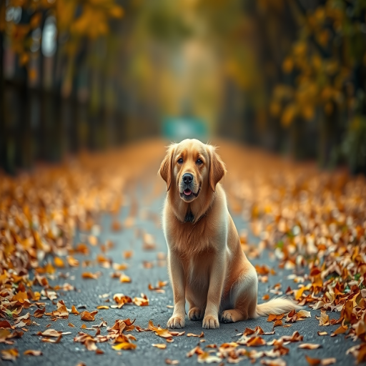 A golden retriever sitting on a blurred autumn pathway, captured with a Canon EOS R5, 50mm lens, f/1.8, ISO 100, natural lighting, shallow depth of field for enhanced background bokeh.