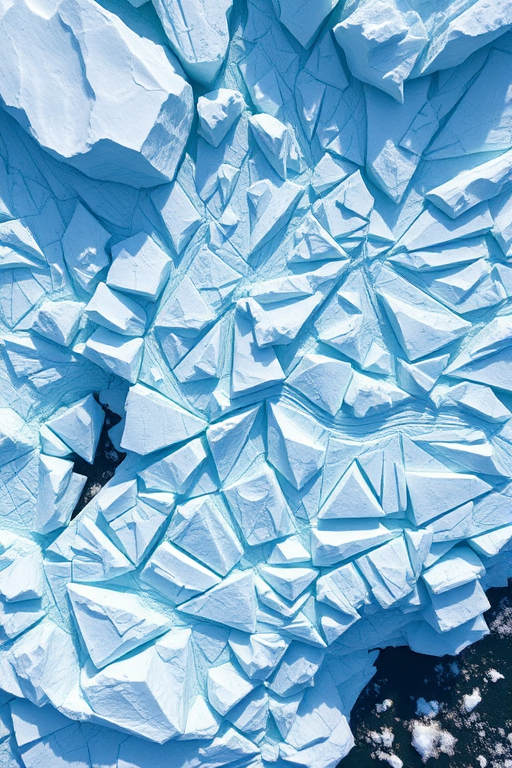 capture a high-resolution aerial view of a glacier with intricate ice formations and textures using a DSLR camera with a 24-70mm lens, f/8 aperture, ISO 100, and a shutter speed of 1/250s for enhanced clarity and detail