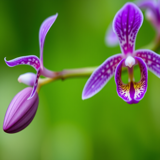 macro shot of a vibrant purple orchid with striking patterns on petals, soft green background, f/2.8 aperture, 1/250 sec shutter speed, ISO 100, taken with a DSLR camera at eye level, natural light, shallow depth of field for enhanced focus on flowers