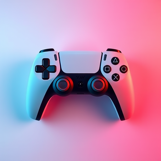 Create a high-resolution illustration of a PlayStation 5 controller against a gradient background, using a DSLR camera with a 50mm lens, f/2.8 aperture, ISO 100, and a top-down view for enhanced detail and clarity.