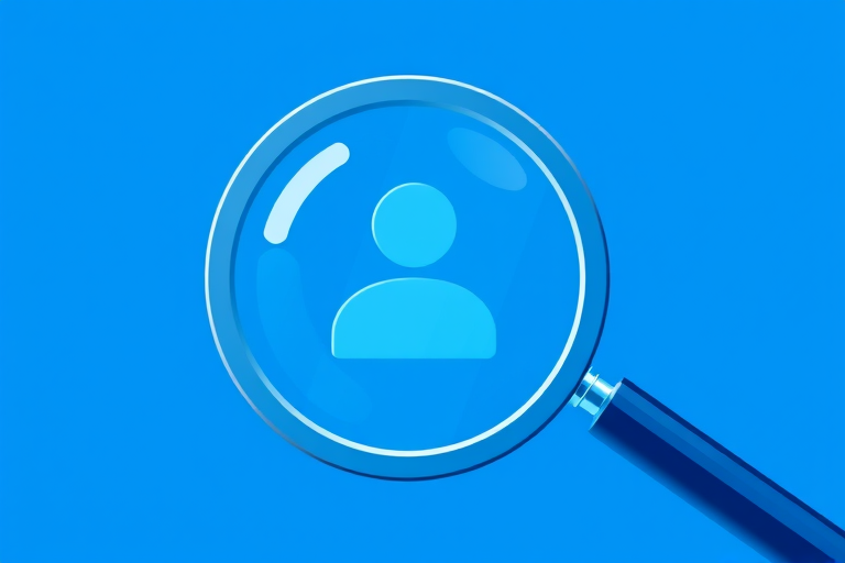 Create a minimalist vector illustration of a magnifying glass focusing on a user icon, bright blue colors, high resolution 300 dpi, 4K resolution, camera settings ISO 100, aperture f/8, lens 50mm, flat view, digital art style.