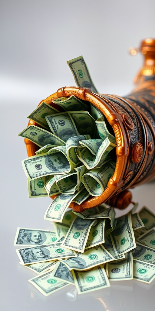 Regenerate a steampunk-inspired image of a horn-shaped money horn overflowing with detailed, realistic green bills, set against a transparent background, captured with a DSLR camera, 50mm lens, aperture f/2.8, ISO 100, and using a macro photography style to enhance texture and detail.
