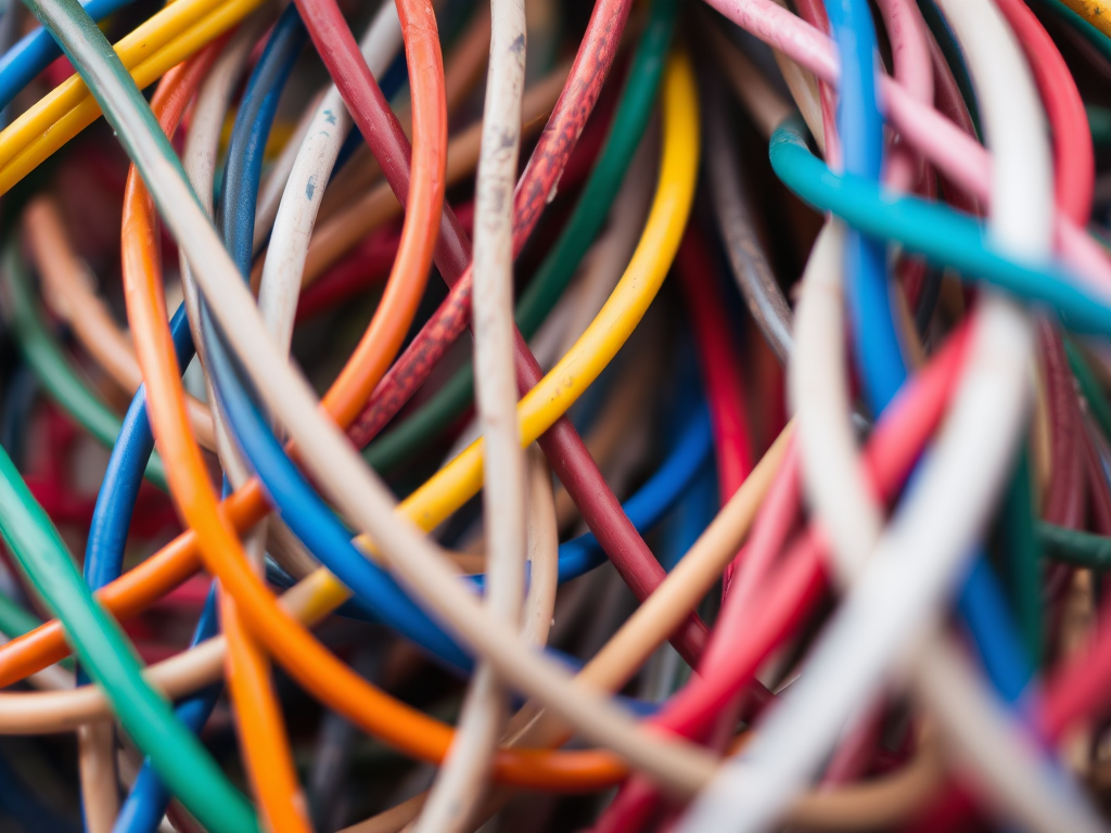 Close-up shot of tangled colorful wires with a shallow depth of field, using a DSLR camera with a 50mm lens, aperture set to f/2.8, ISO 100, and natural light to enhance texture and detail.