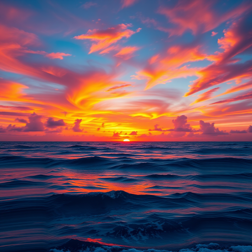 Create a vibrant digital painting of a sunset over the ocean, with rich colors blending across the sky and deep blue waves, captured with a Canon EOS R5, using a 24-70mm f/2.8 lens at f/8, ISO 100, and a shutter speed of 1/125s, in a panoramic view to enhance the horizon's breadth and depth.