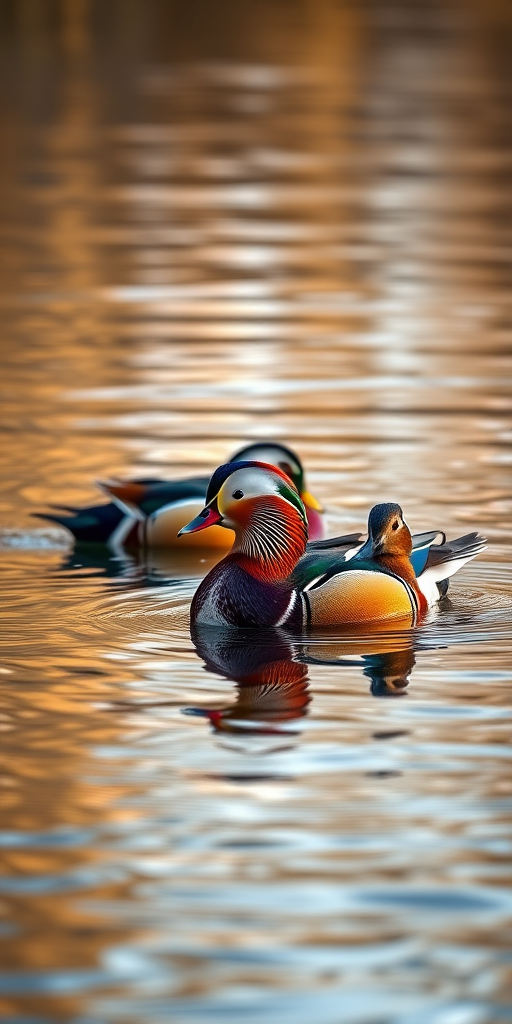 Capture a vibrant scene of a male mandarin duck and a female duck swimming in calm water, with golden reflections on the surface, using a DSLR camera, f/4 aperture, 1/500 shutter speed, ISO 200, 200mm lens, and a shallow depth of field for enhanced clarity and richness in color.