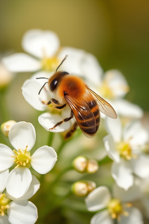 macro shot of a bee on white flowers with a blurred background, ISO 200, aperture f/2.8, shutter speed 1/200 sec, 100mm lens, natural light, DSLR camera