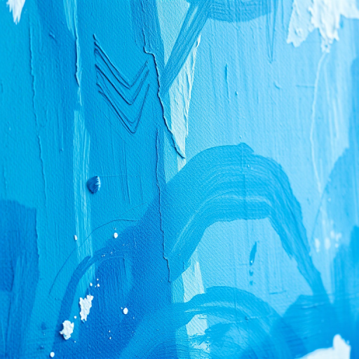 Create an abstract blue textured painting on a canvas with a high-resolution DSLR camera, 50mm lens, aperture f/2.8, ISO 100, natural lighting from the side, capturing vivid details and brush strokes.