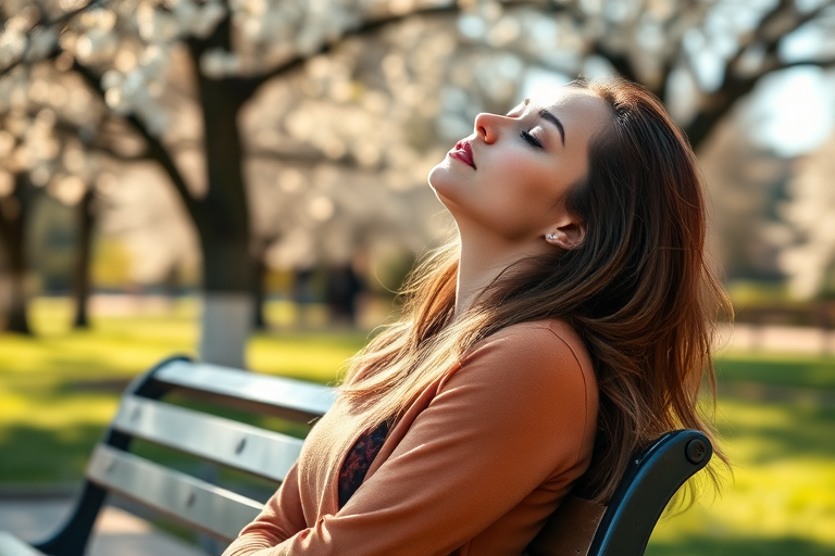 Woman sitting on a park bench, her head tilted back, eyes closed, basking in the warmth of the afternoon sun, surrounded by trees in full bloom.