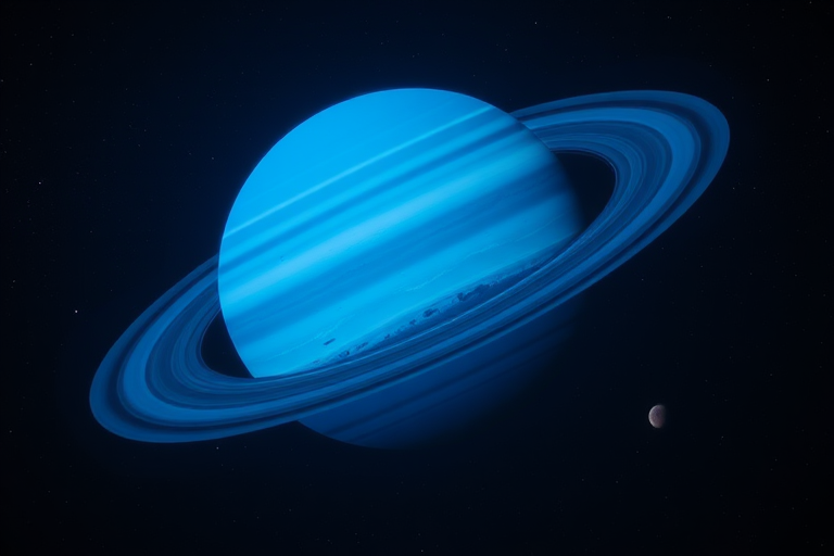 A high-resolution digital illustration of Neptune in space, showcasing its vivid blue color and faint rings, with a distant moon visible, captured using a Canon EOS R5 camera at f/8 aperture, 1/200 sec shutter speed, ISO 100, 50mm lens, in a clear night sky setting.