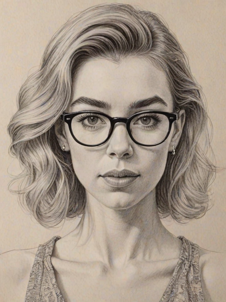 Dazzling Vanessa Kirby, pencil sketch, portrait of Exquisite woman 1973s in glasses, hair style beatnik, outline, clear lines, fine lines, 8k