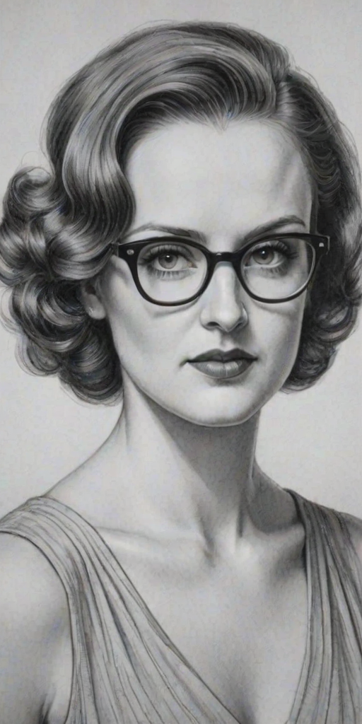 Alluring Sophie McShera, pencil sketch, portrait of Elegant woman 1936s in glasses, hair style beatnik, outline, clear lines, fine lines, 8k
