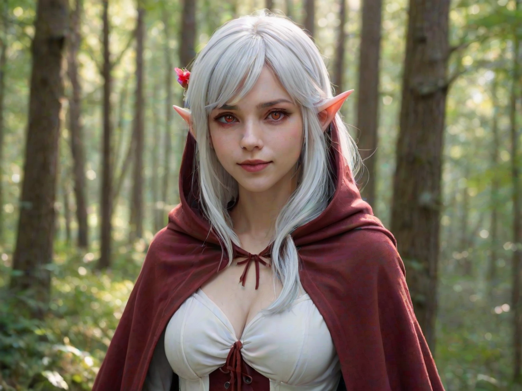 1girl, pointy ears, solo, red eyes, smile, elf, looking at viewer, white hair, petals, long hair, upper body, outdoors, cloak, forest, hood, blush, nature, hooded cloak, cape, shirt, hood down, parted lips, looking back, day, bangs, large breasts,