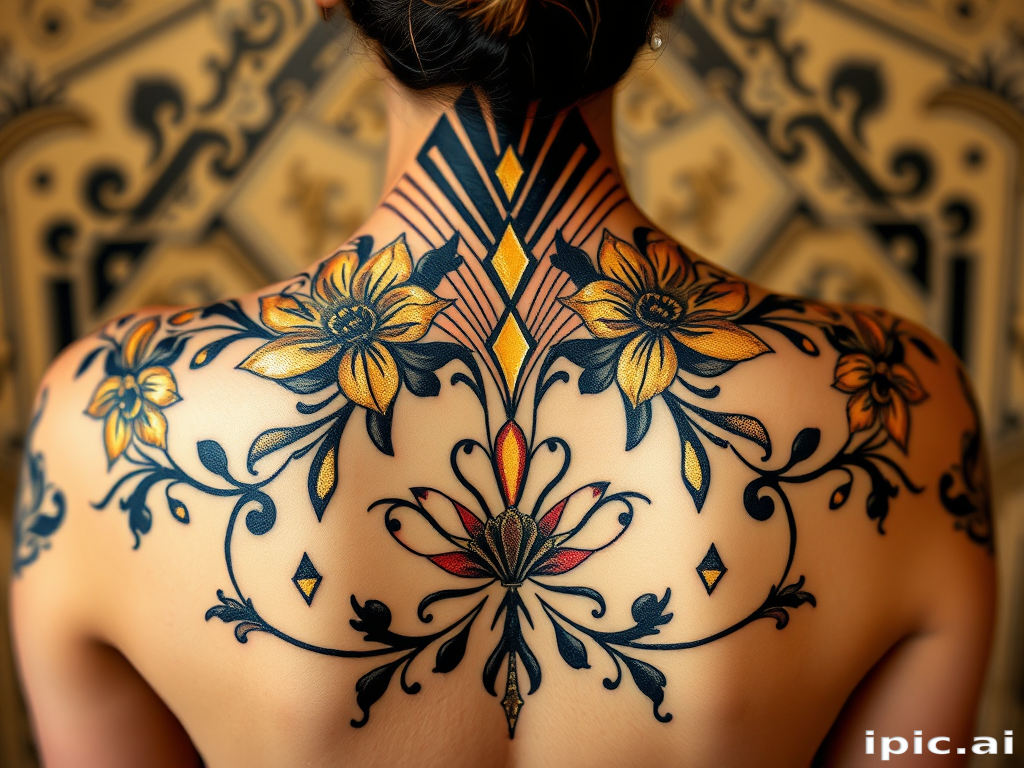 Elegant art deco tattoo titled "Golden Age Glamour" showcasing geometric patterns and stylized floral motifs in metallic gold and black ink, capturing the essence of 1920s sophistication on the back