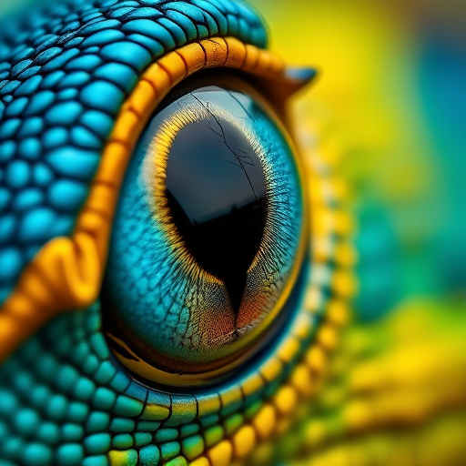 close-up of a dragon's eye with vibrant blue and gold colors, high detail and textures, macro lens at f/2.8, ISO 100, 1/250s, 50mm focal length, soft focus background, natural lighting