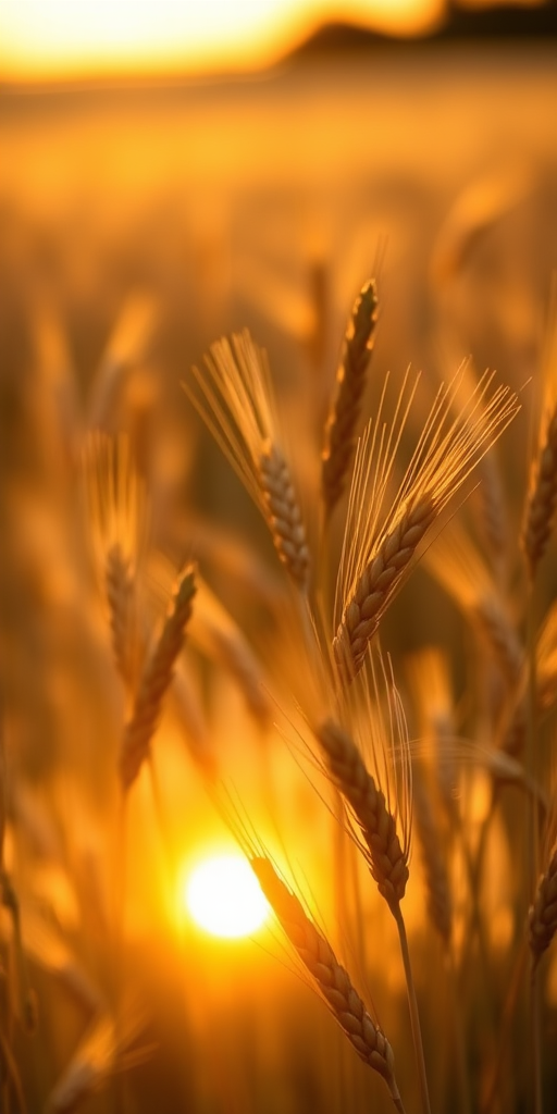 Capture a close-up shot of golden wheat fields during golden hour with a shallow depth of field, ISO 100, aperture f/2.8, shutter speed 1/200s, using a DSLR camera with a 50mm lens for enhanced clarity and detail.