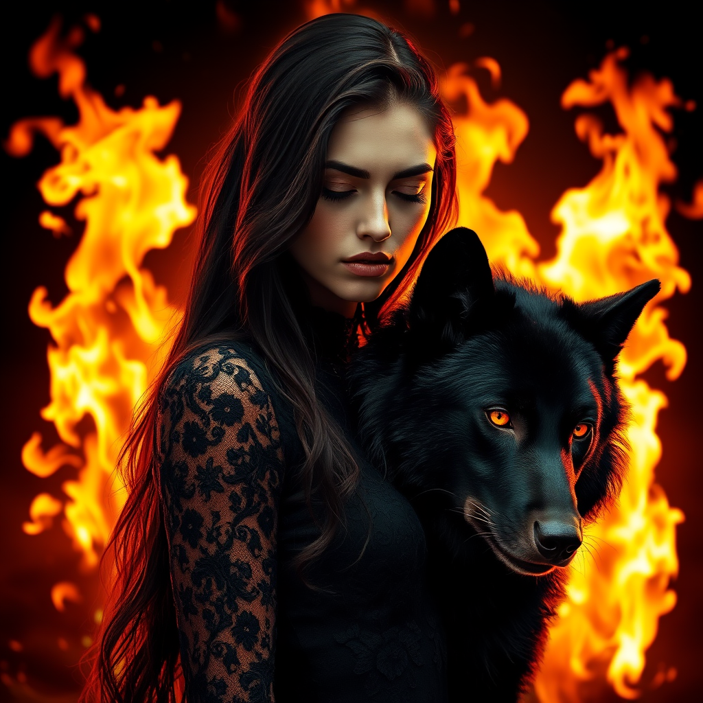A woman with long dark hair, wearing a black lace dress that seamlessly blends into her skin with intricate floral patterns. She is in the foreground, with a black wolf beside her; its fur is midnight black, and it has glowing, intense, orange eyes that match hers. Her eyes are partially closed with burning embers above them, giving a fiery and mystical aura. The background is engulfed in tall, roaring flames, contributing to an overall dark and supernatural atmosphere. The colors are intense, predominantly black, fiery orange, and deep reds, with sharp contrast highlighting the mysterious and fierce theme. The flames are bright and dynamic, casting dramatic light and shadow, illuminating the woman and wolf while leaving parts in near darkness. The image evokes a sense of otherworldly power and connection between the woman and the wolf.