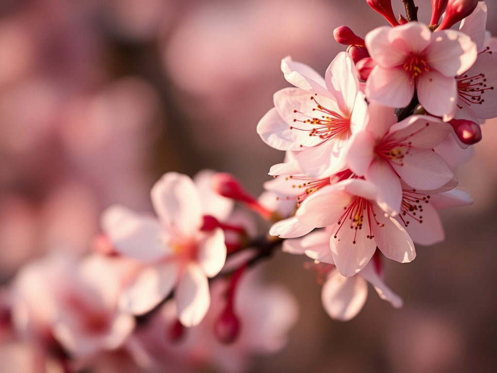 A close-up of cherry blossom flowers with soft focus, captured with a Canon EOS R5, 85mm lens, f/1.8 aperture, ISO 100, and a shallow depth of field for enhanced bokeh effect in warm, muted colors.