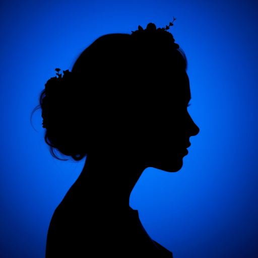 silhouette of a woman with a floral hair arrangement, high contrast, blue background, Canon EOS R5, 85mm f/1.2 lens, ISO 100, aperture f/1.8, shallow depth of field, soft light