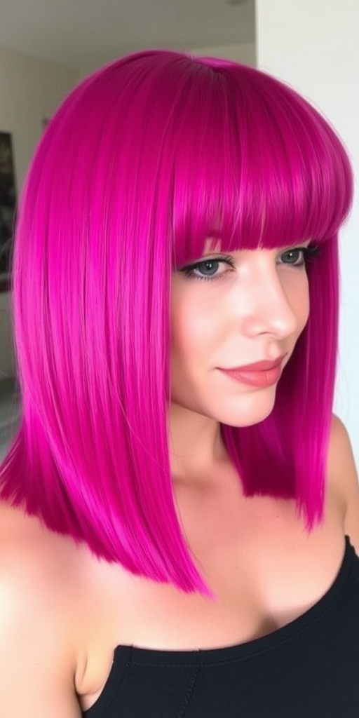 Vibrant magenta hair forms the base of the bold "Electric Orchid" style. The shoulder-length cut features blunt ends and a full, side-swept fringe. The hair is styled straight and sleek, with a high-shine finish that makes the color pop. Subtle violet undertones add depth and dimension to this striking, confident look.
