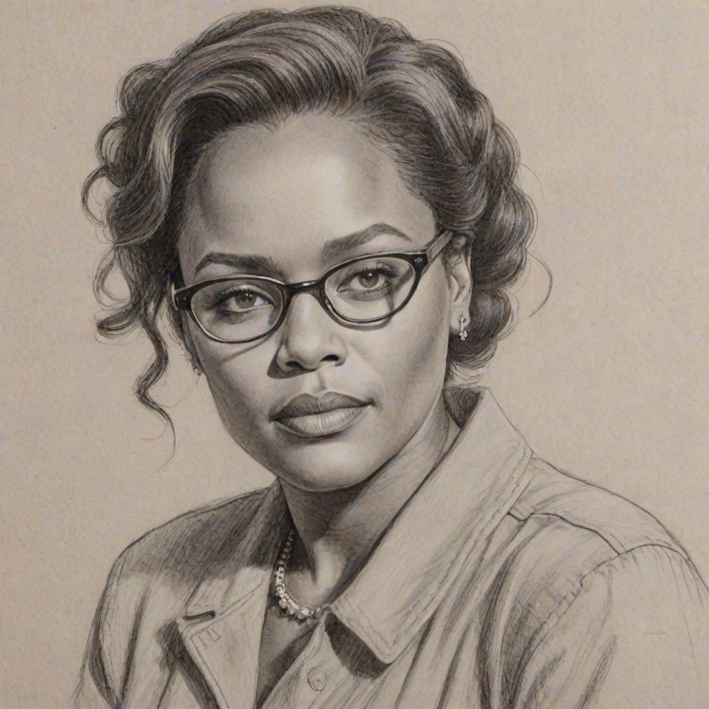 Attractive Chad L. Coleman, pencil sketch, portrait of Wonderful woman 1945s in glasses, hair style beatnik, outline, clear lines, fine lines, 8k