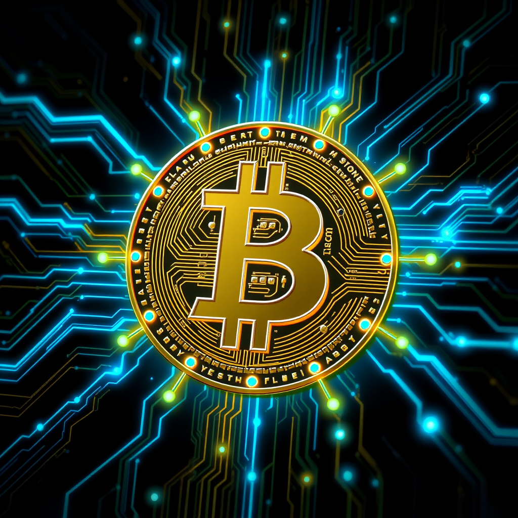 Imagine a Bitcoin symbol (₿) intricately designed as part of a futuristic, glowing circuit board. The ₿ is central, composed of metallic gold and silver lines, seamlessly blending into the web of circuits surrounding it. Blue and green LED-style lights trace through the circuits, making it look like Bitcoin is powering a digital network. The background is dark, with neon accents highlighting the tech vibe, symbolizing the digital and decentralized nature of Bitcoin