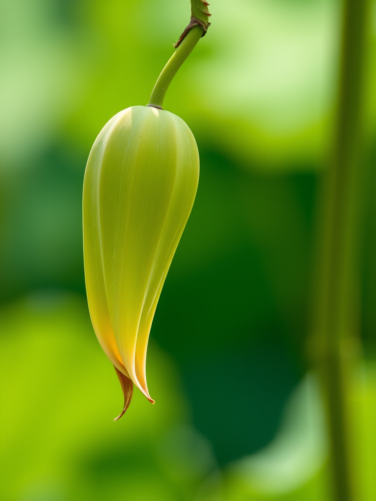 Capture a close-up shot of a lotus seed pod hanging from a stem, with a shallow depth of field, using a DSLR camera with a 50mm f/1.8 lens, aperture set to f/2.8, ISO 100, shutter speed 1/200 sec, in bright daylight to enhance colors and details against a softly blurred green background.