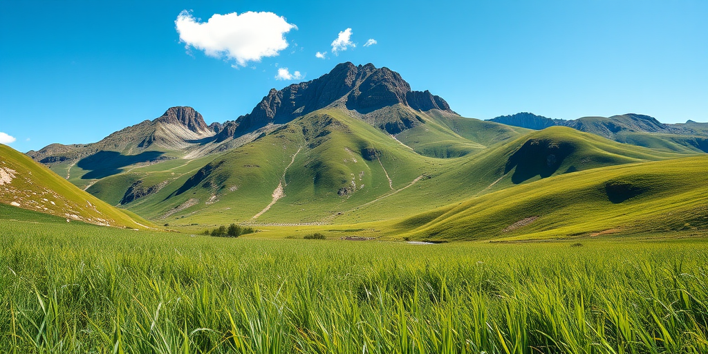 Mountain landscape with lush green grass in the foreground, clear blue sky with a few clouds, shot with a Canon EOS R5, 24mm f/1.4 lens, ISO 100, 1/200 sec exposure, in landscape view for enhanced depth and clarity.