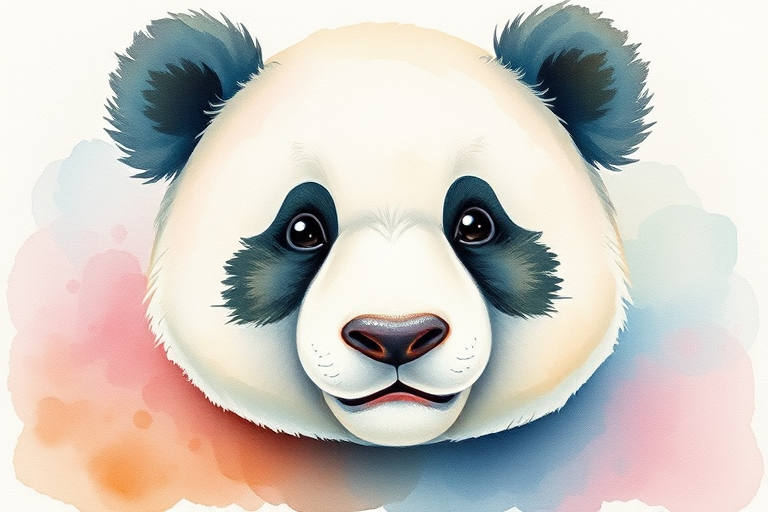 Create a watercolor illustration of a cute panda face with soft pastel colors, using a Canon EOS 5D Mark IV with a 50mm f/1.8 lens at f/2.8, 1/125 sec exposure, ISO 200, natural light, shooting from a frontal view to enhance texture and detail.