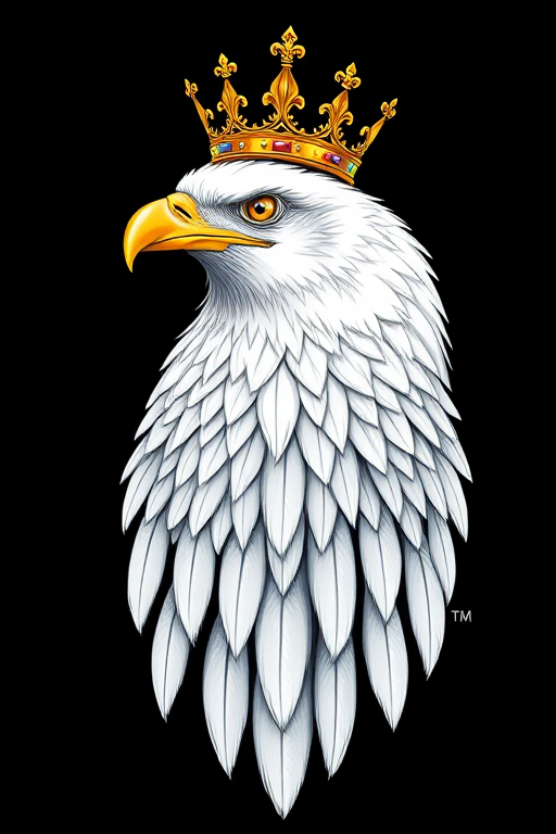 Regenerate a detailed illustration of a white eagle with a crown, featuring intricate feather patterns, set against a solid black background, using a DSLR camera with a 50mm lens, aperture f/1.8, ISO 100, and low-angle view for enhanced image quality and depth.