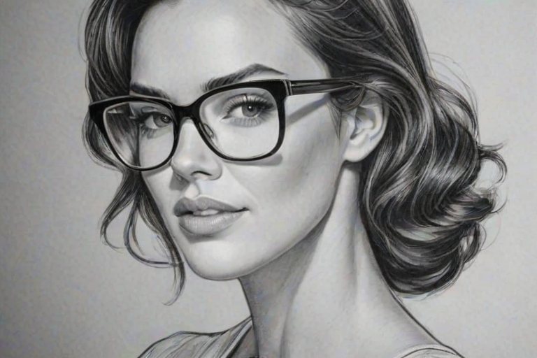 Elegant Odette Annable, pencil sketch, portrait of Dazzling woman 1954s in glasses, hair style beatnik, outline, clear lines, fine lines, 8k