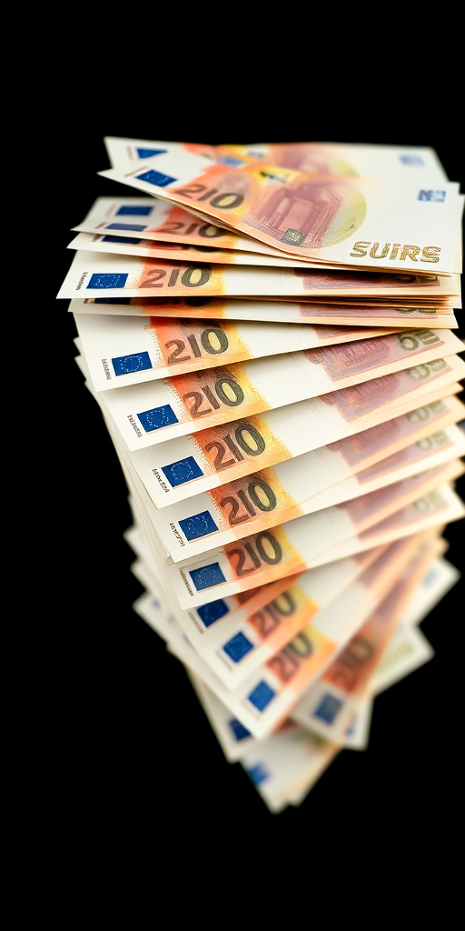 Capture a vertical stack of Euro banknotes cascading down against a black background, using a 50mm lens, f/2.8 aperture, ISO 100, and a shutter speed of 1/250s, with a focus on sharp detail and a slight motion blur to emphasize movement.