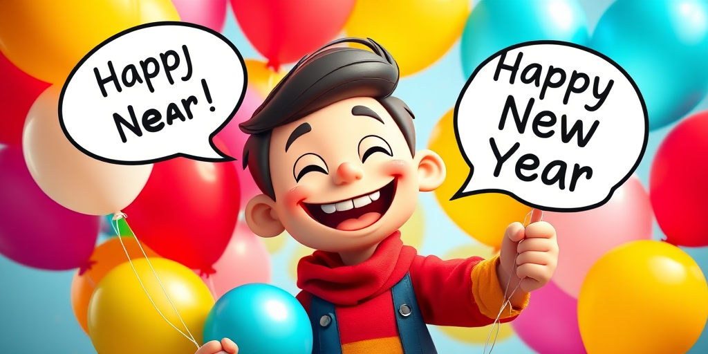 Generate a vibrant cartoon image of a cheerful character with a big smile, holding colorful balloons of various shapes and sizes, with a speech bubble that says Happy New Year, shot with a Canon EOS R5 camera, lens 24-70mm f/2.8, at f/4 aperture, 1/250s shutter speed, ISO 100, bright lighting for enhanced color saturation and clarity.