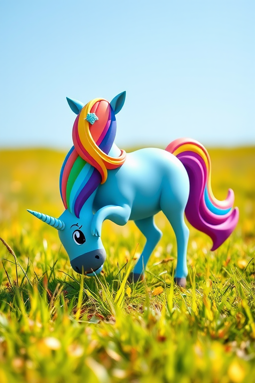 Generate a whimsical cartoon unicorn with a blue body and a rainbow mane grazing on vibrant grass, shot in bright daylight using a DSLR camera with a 50mm lens, f/2.8 aperture, ISO 100, and a shallow depth of field for enhanced clarity and vivid colors.