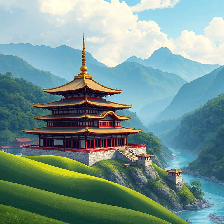 generate a vibrant digital illustration of a traditional Asian temple situated in a mountainous landscape, with rolling green hills in the foreground and a winding river, utilizing a wide-angle view, shot with a high-resolution DSLR camera at f/11 for depth of field, ISO 100, 24mm focal length, and soft natural lighting to enhance colors and details.