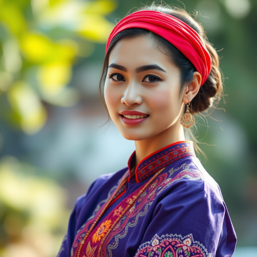 photograph a young woman wearing traditional attire with a confident pose, natural outdoor lighting, aperture f/2.8, ISO 100, shutter speed 1/200, portrait view, DSLR camera, shallow depth of field, vibrant colors, soft background blur