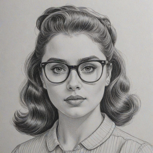 Charming Beanie Feldstein, pencil sketch, portrait of Stunning woman 1953s in glasses, hair style beatnik, outline, clear lines, fine lines, 8k