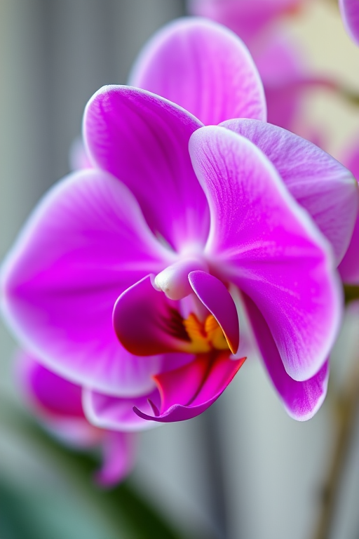 A close-up of a vibrant pink orchid flower with delicate petals and a soft, blurred background.