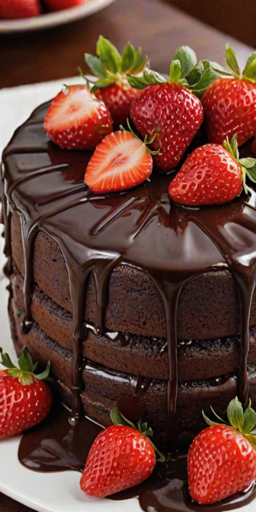 Create an image of a layered chocolate cake topped with fresh strawberries. The cake should have a glossy chocolate ganache drizzling down the sides and be placed on a simple white plate. Include a few whole strawberries around the plate for decoration. The background should be dark to highlight the cake's rich colors.