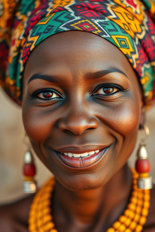 Create a close-up portrait of an African woman wearing a colorful patterned head wrap and earrings, use a 50mm lens, f/1.8 aperture, ISO 100, and natural lighting to enhance details and vibrancy.
