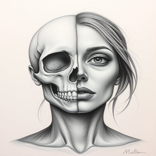 Detailed realistic drawing of the face of a woman facing the viewer but the left half of her face is skull while the right side of her face is normal. She has no hair on the left side of her face only a skull and also her eye-socket is hollow on the left side