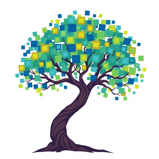 Create a stylized illustration of a tree with a twisting trunk and colorful square leaves in shades of blue and green, using a high-resolution digital art style, with a focus on vibrant colors and smooth lines, captured with a Canon EOS R5 at f/8, ISO 100, and a 50mm lens.