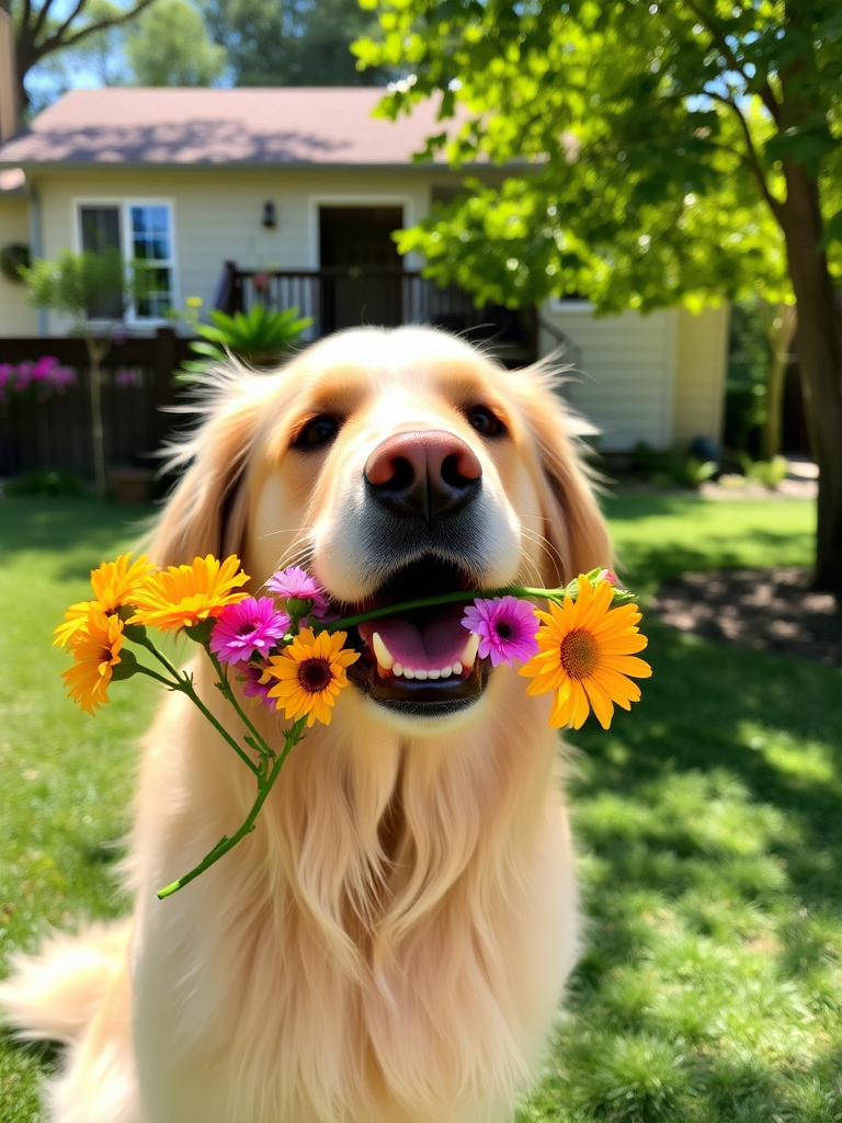 A happy golden retriever holding colorful flowers in its mouth in a sunny backyard with a house in the background and trees surrounding the area