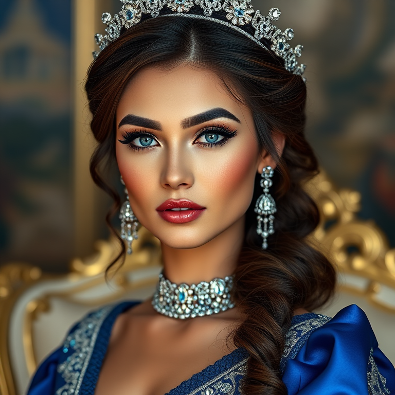 A gorgeous Kyrgyz woman in a luxurious blue gown, accessorized with a dazzling tiara and statement earrings, her deep blue eyes highlighted by impeccable makeup, poised in a royal setting, photorealistic, 8K quality