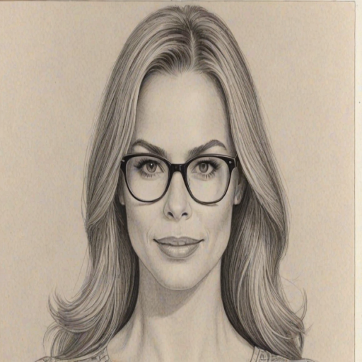 Charming Brooke Burns, pencil sketch, portrait of Delightful woman 1974s in glasses, hair style beatnik, outline, clear lines, fine lines, 8k