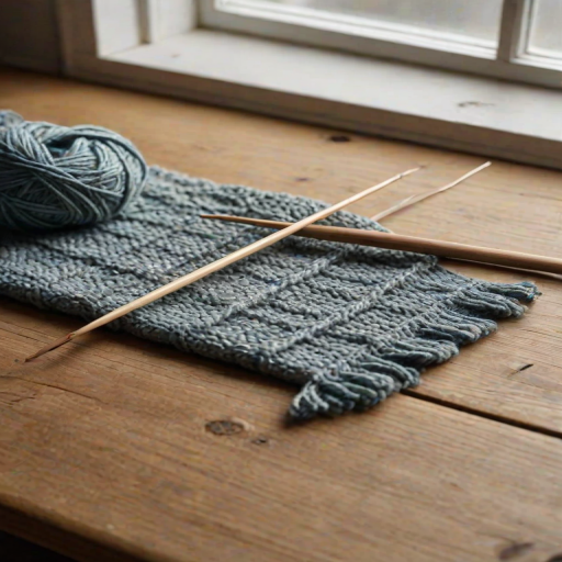Close-up of a pair of knitting needles and a half-finished scarf resting on a wooden table, soft natural light from a nearby window casting delicate shadows across the yarn.