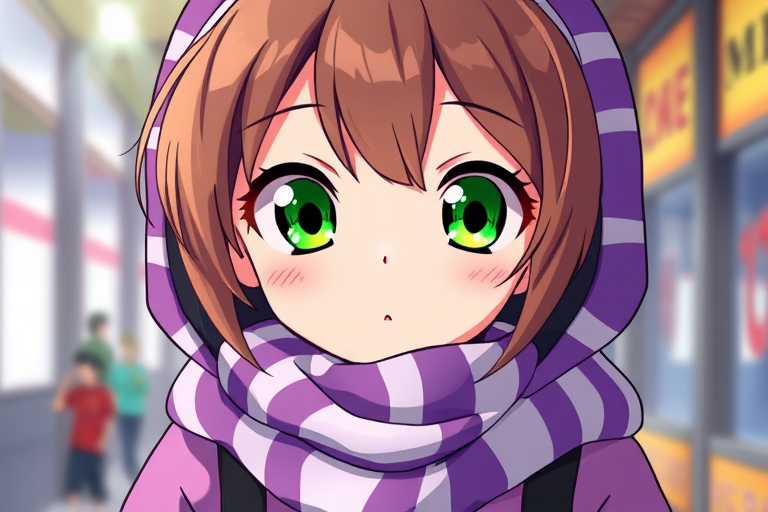 Create a vibrant anime-style illustration of a character with large green eyes and brown hair wearing a purple and white striped hoodie and scarf, presented from a front view using a Canon EOS R5 camera with a 50mm lens at f/2.8, ISO 200, and a soft-focus background for depth of field.