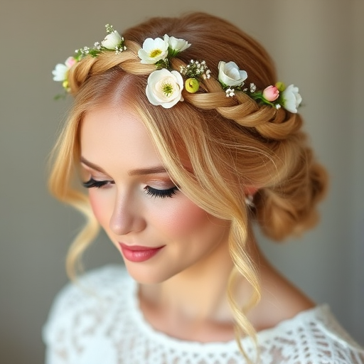Romantic strawberry blonde halo braid crown adorned with delicate fresh flowers, styled with soft tendrils framing the face for a dreamy bohemian look
