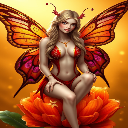 A digital artwork features a winged fairy with delicate Sienna butterfly wings, adorned with intricate Juniper andFuchsia patterns. She is seated on a vibrant Mahogany flower, wearing a revealing red two-piece outfit with sparkling beadwork. Her fair skin, long blonde hair, and gold jewelry add to her ethereal appearance. The background is a warm, golden gradient, creating a magical atmosphere. Small glowing orbs and sparkles surround the flower, enhancing the enchanting, highly detailed, and realistic scene.