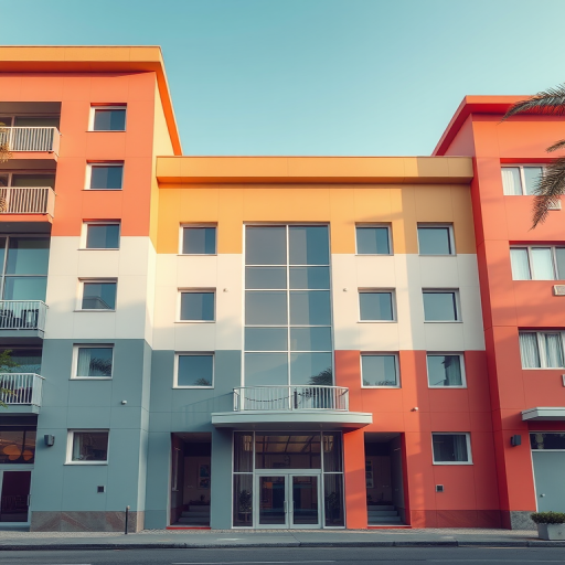 Create a high-resolution digital illustration of a modern building with a two-tone color scheme, capturing a front view at a 45-degree angle, using a Canon EOS R5 with a 24-70mm f/2.8 lens, aperture set to f/8, ISO 100, in soft daylight for enhanced clarity and vibrant colors.