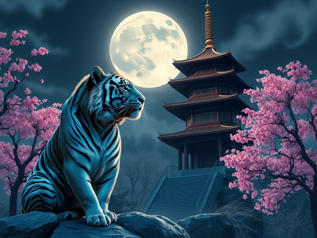 A majestic tiger with vibrant blue and black stripes sits beside a serene temple under a large full moon, surrounded by cherry blossom trees, high contrast colors, sharp details, 50mm lens, f/1.8 aperture, ISO 100, shot from a low angle to enhance the imposing presence of the tiger and the temple, digital art style, high resolution.